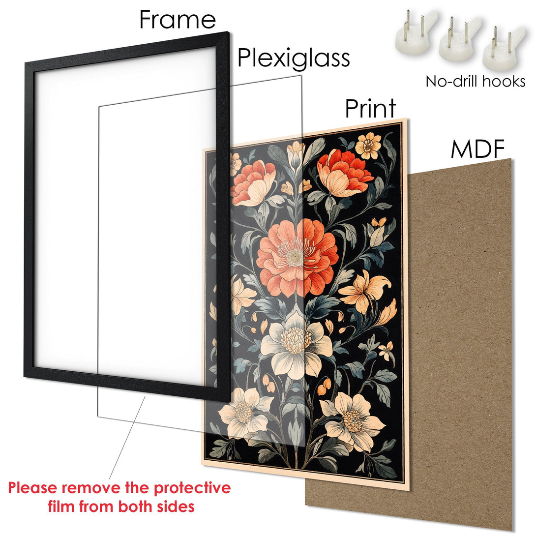 Framed Poster featuring a floral design in a vintage style with a black, orange, and cream color palette. Perfect wall art!