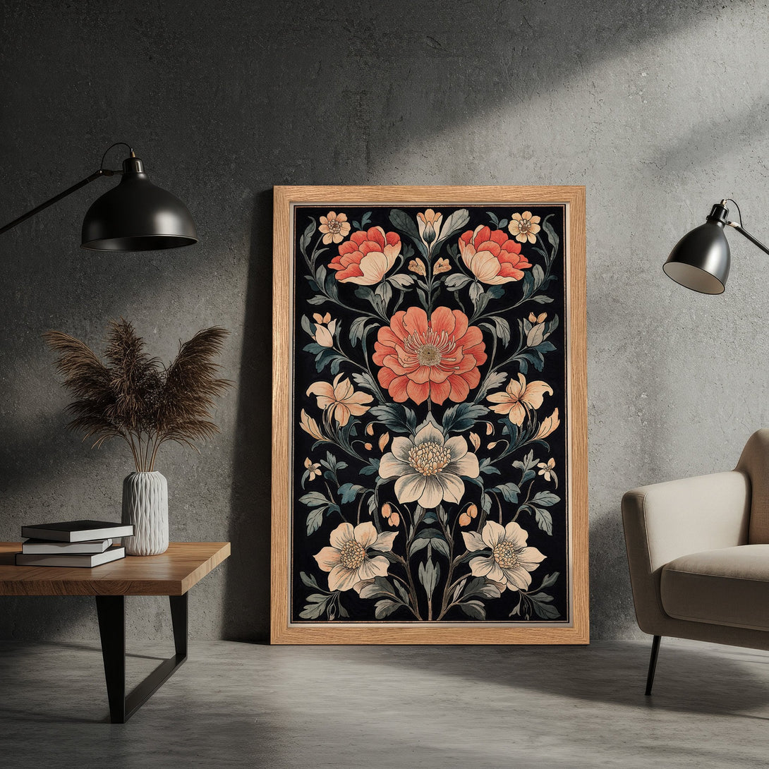 Framed Poster featuring floral design in a vintage style with a dark background and warm color palette. Perfect wall art.
