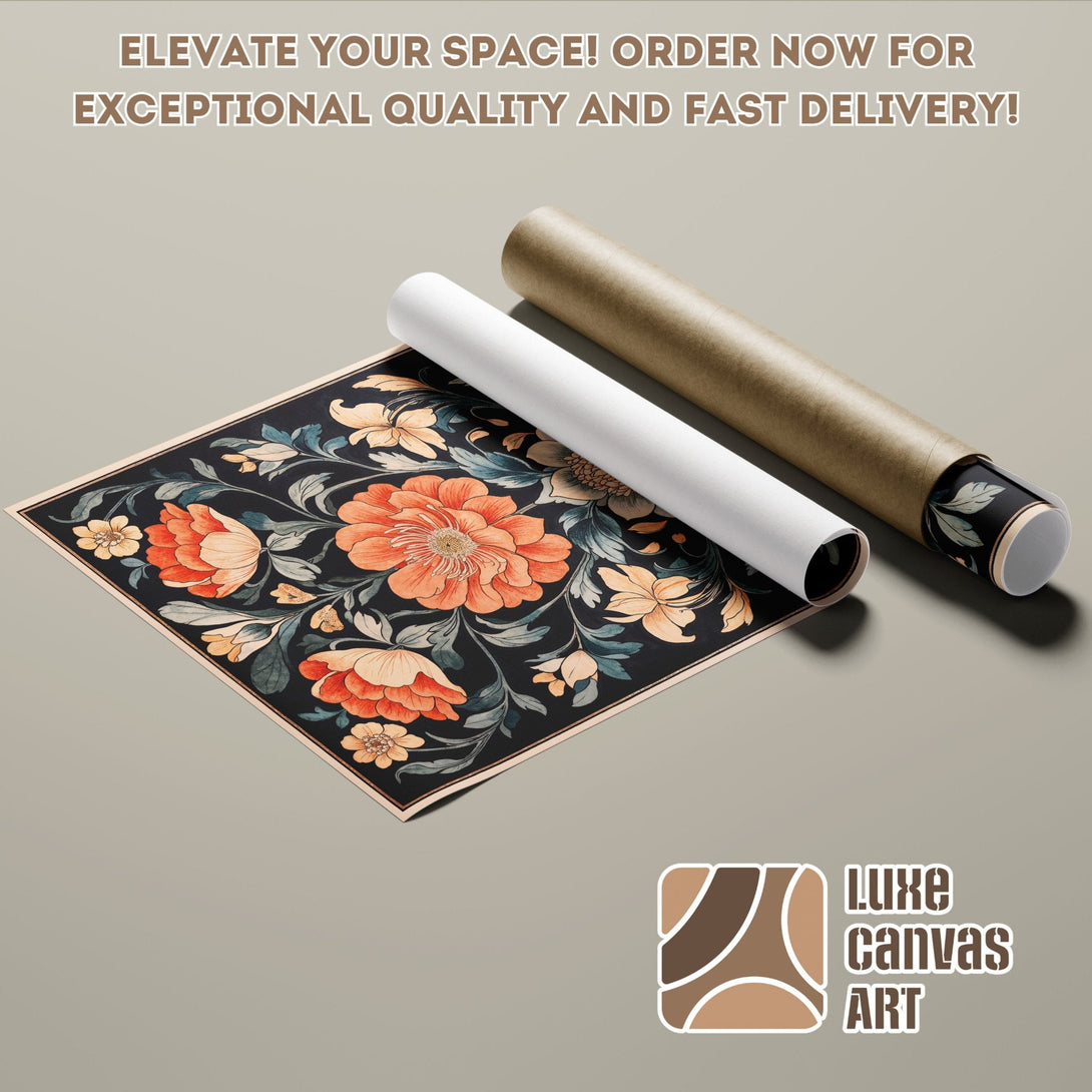 Floral Poster Roll in black, orange, and green. Elevate your space with Luxe Canvas Art!