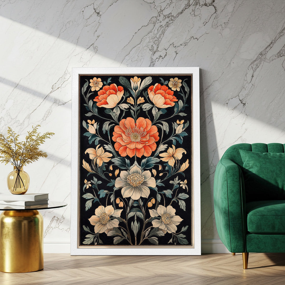 Framed Poster featuring a floral design in a vintage style. The color palette includes black, orange, and cream. Perfect wall art!