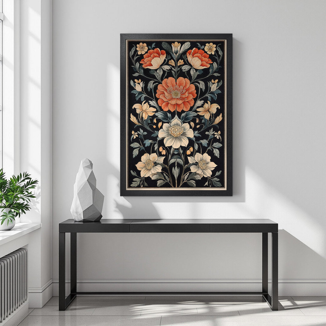 Framed Poster featuring floral design in warm orange, cream, and teal on a black background. Perfect wall art for home decor.