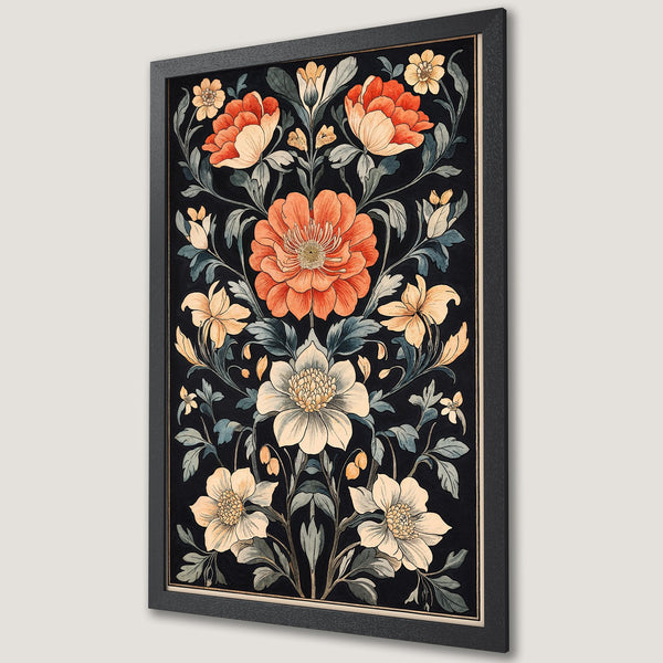 Framed Poster featuring floral art in a vintage style with a dark background and a warm color palette. Perfect wall decor.