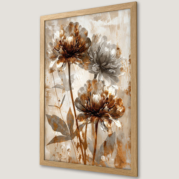 Framed Poster featuring abstract floral art in a neutral color palette with brown and gold accents. Modern wall decor.