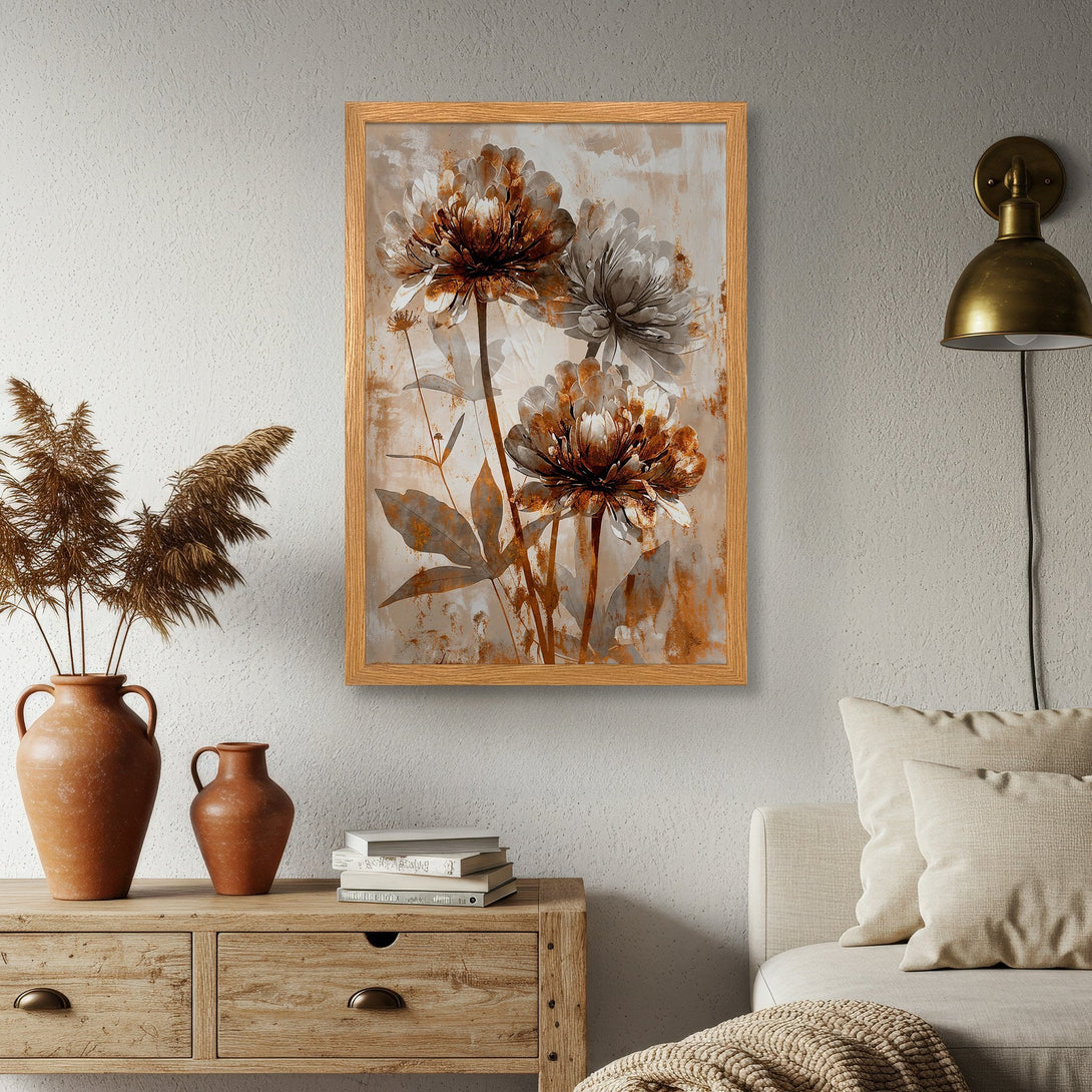 Framed Poster featuring floral art in neutral tones. Perfect wall decor for a modern, stylish home. Add a touch of elegance!