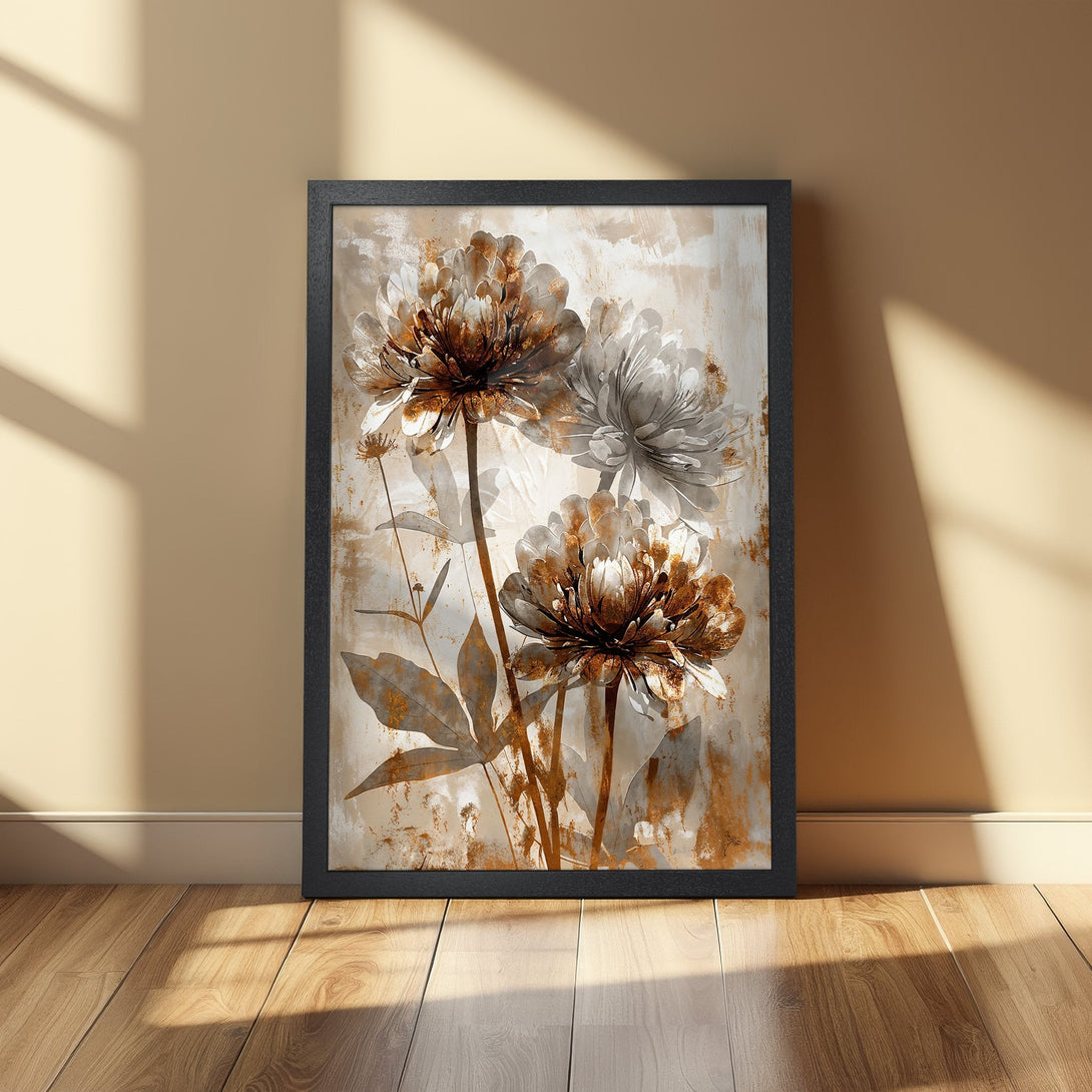 Framed Poster featuring elegant floral art in neutral tones of brown, beige, and white. Perfect wall decor for a stylish home.