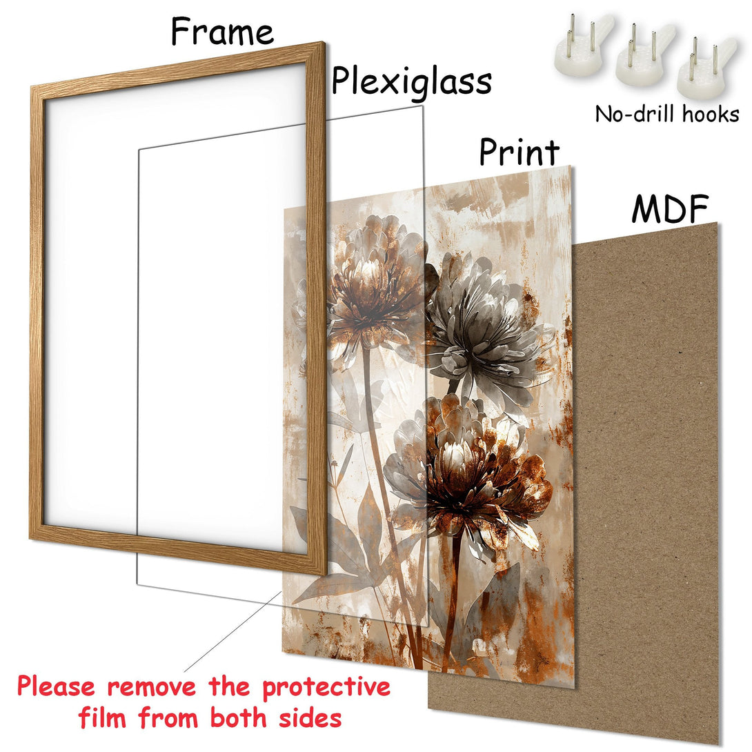 Framed Poster featuring floral art in neutral tones. Perfect for adding elegance to any space. Easy to hang!