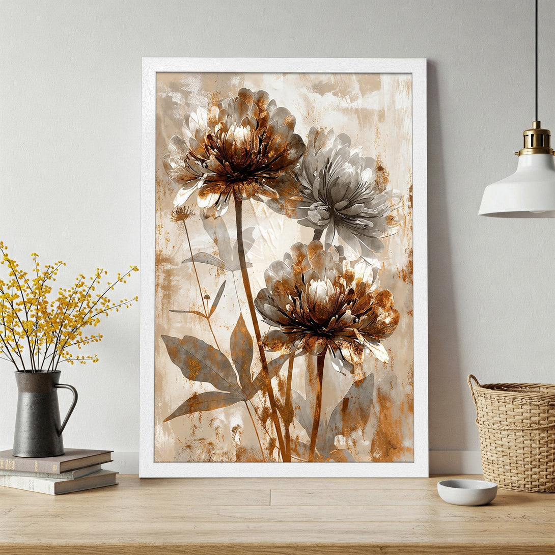 Framed Poster featuring abstract floral art in neutral tones with gold accents. Perfect wall decor for any space.