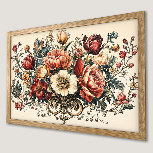 Framed Poster featuring a vibrant floral bouquet in a vintage style with a warm, rich color palette. Perfect wall art!