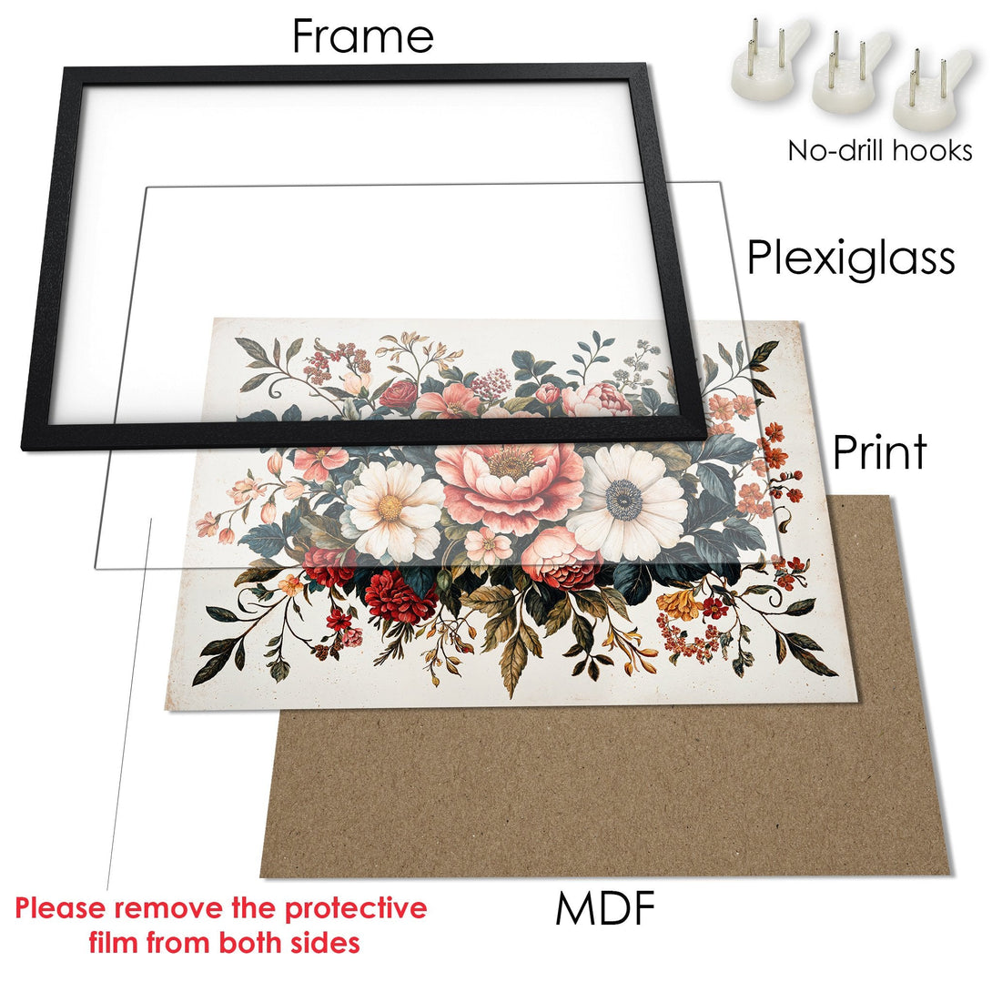 Framed Poster with floral design. Vintage style, featuring a warm color palette with pinks, reds, and greens. Enhance your home decor!