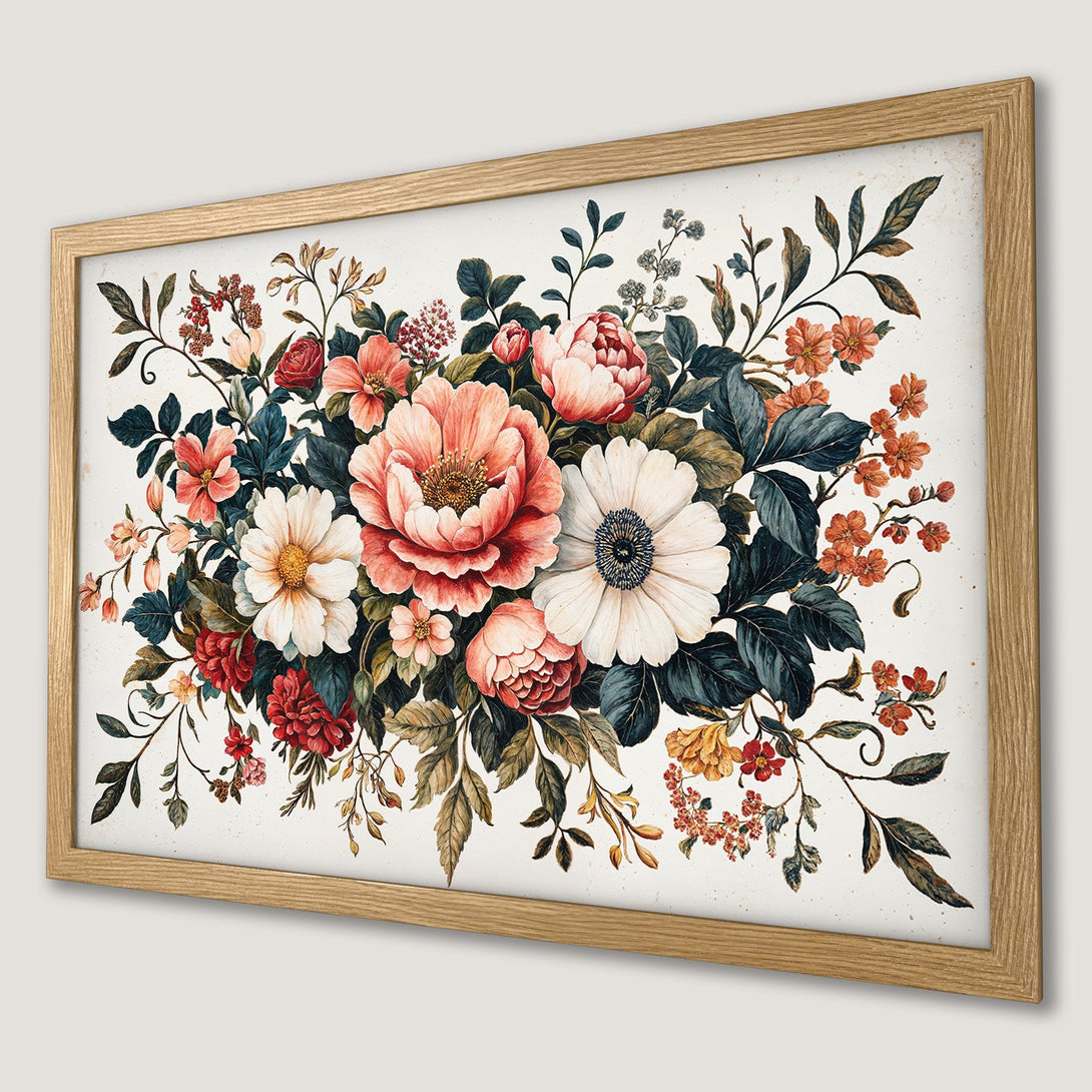 Framed Poster featuring a watercolor floral bouquet in a warm, inviting color palette. Perfect wall art!