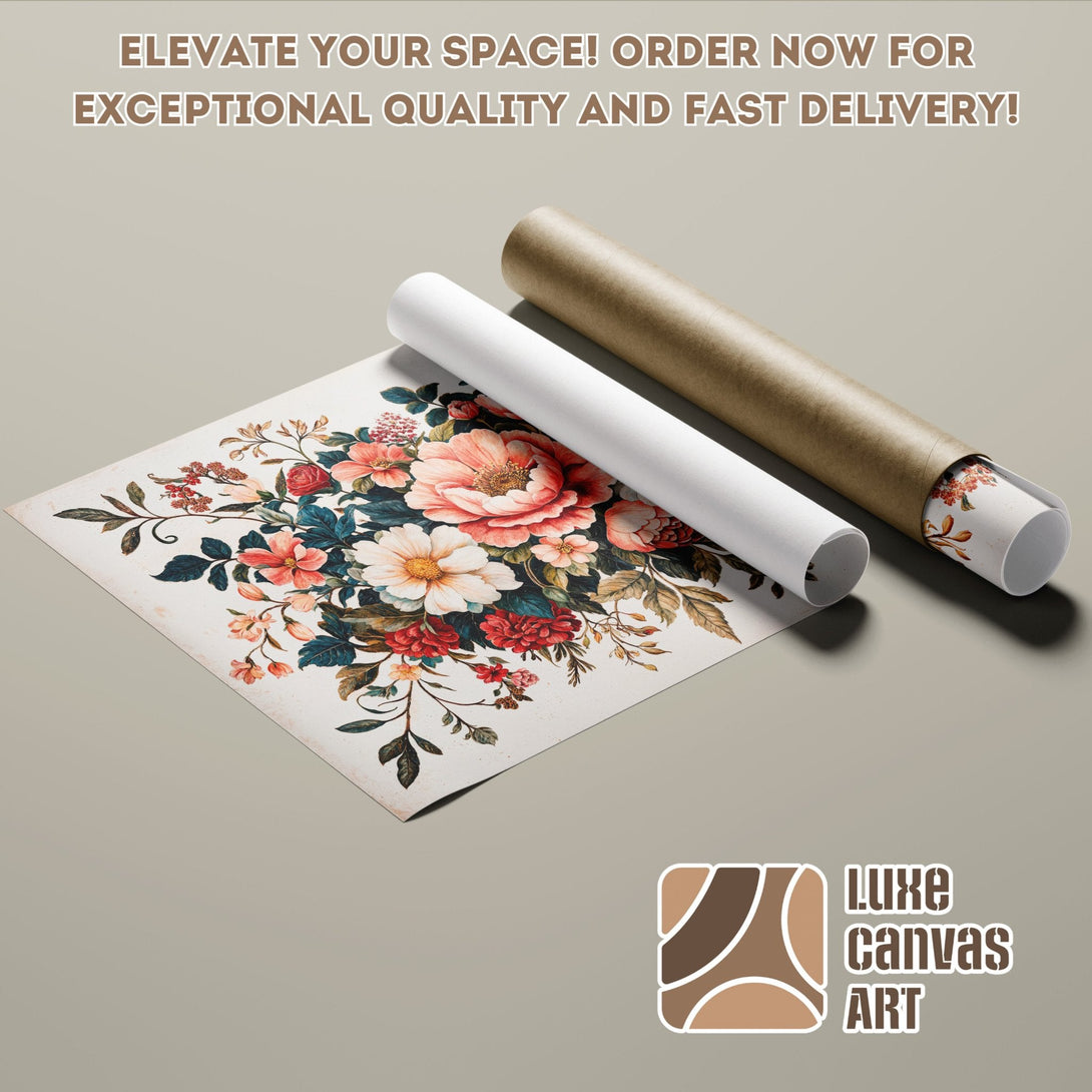 Floral Poster Roll art print, vintage style, warm color palette. Elevate your space!