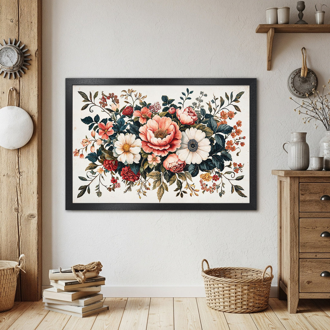 Framed Poster featuring a floral illustration in a vintage style with a warm color palette. Perfect wall art!