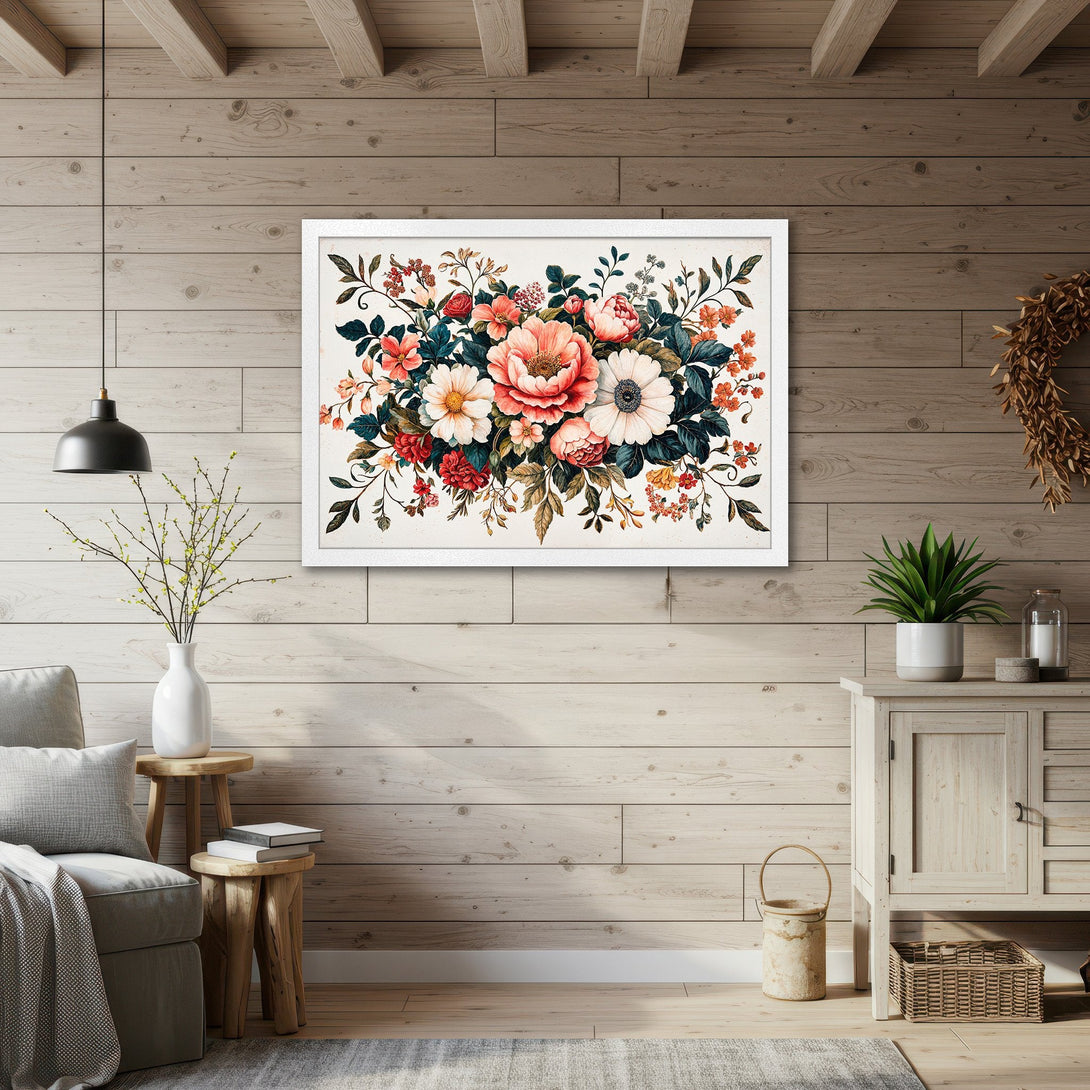 Framed Poster featuring a vibrant floral arrangement in a watercolor style, showcasing a warm color palette. Perfect wall art!