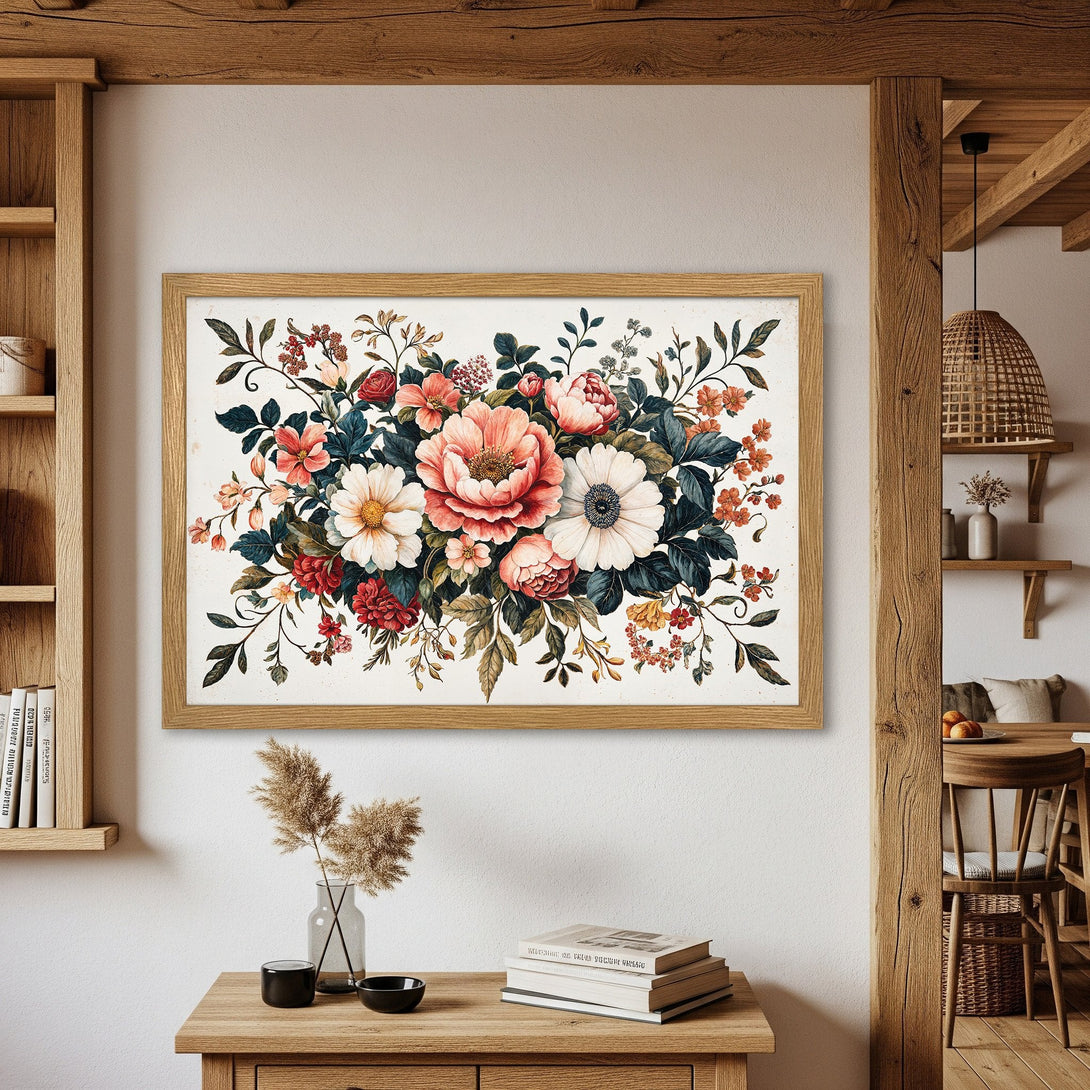 Framed Poster featuring a floral watercolor painting. Soft, romantic style with a warm color palette of reds, pinks, and greens. Perfect wall art!