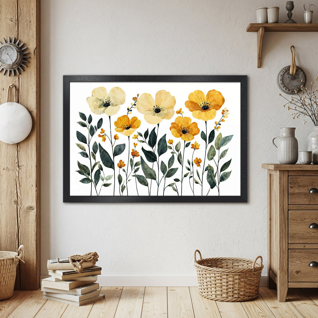 Framed Poster featuring watercolor floral art in yellow and green hues, perfect for home decor.
