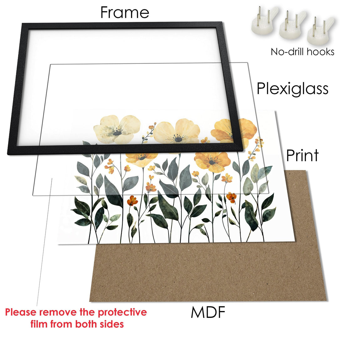 Framed Poster featuring watercolor floral art in yellow, orange, and green hues. Perfect wall decor!
