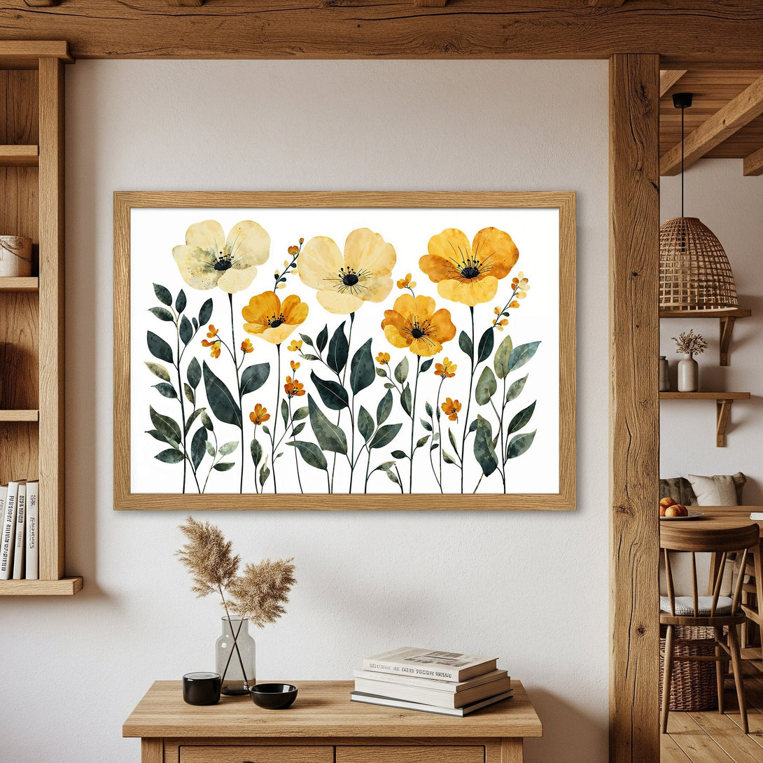 Framed Poster featuring watercolor floral art in yellow and green hues, perfect wall decor for a warm, inviting space.