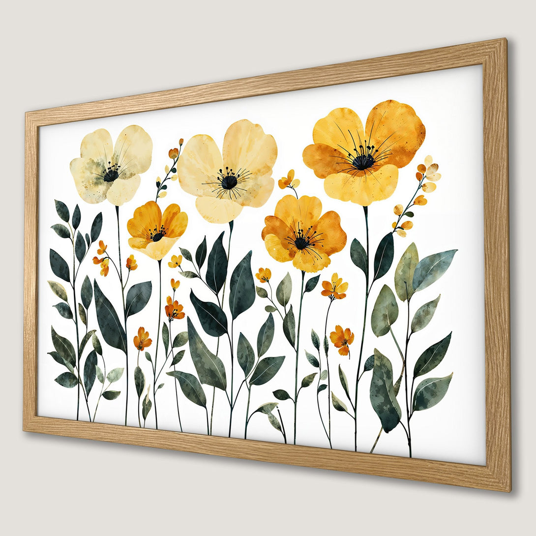 Framed Poster featuring watercolor floral art. Yellow and orange flowers with green leaves on a white background. Perfect wall decor.