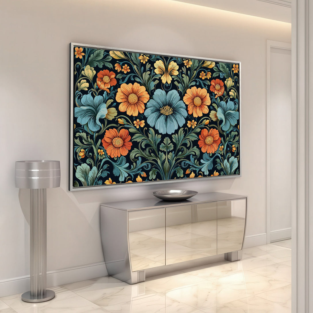 Framed Wall Art featuring a vibrant floral pattern in teal, orange, and yellow on a dark background. Adds a pop of color to any interior.
