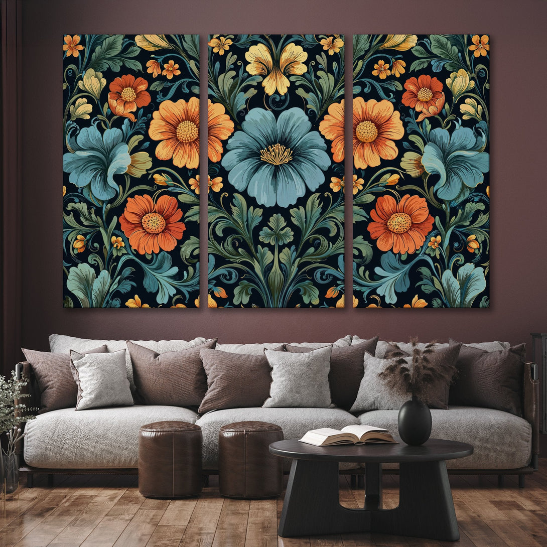 Canvas Print: Floral art in teal, orange, and yellow on a dark background. Perfect wall decor for a stylish living room.
