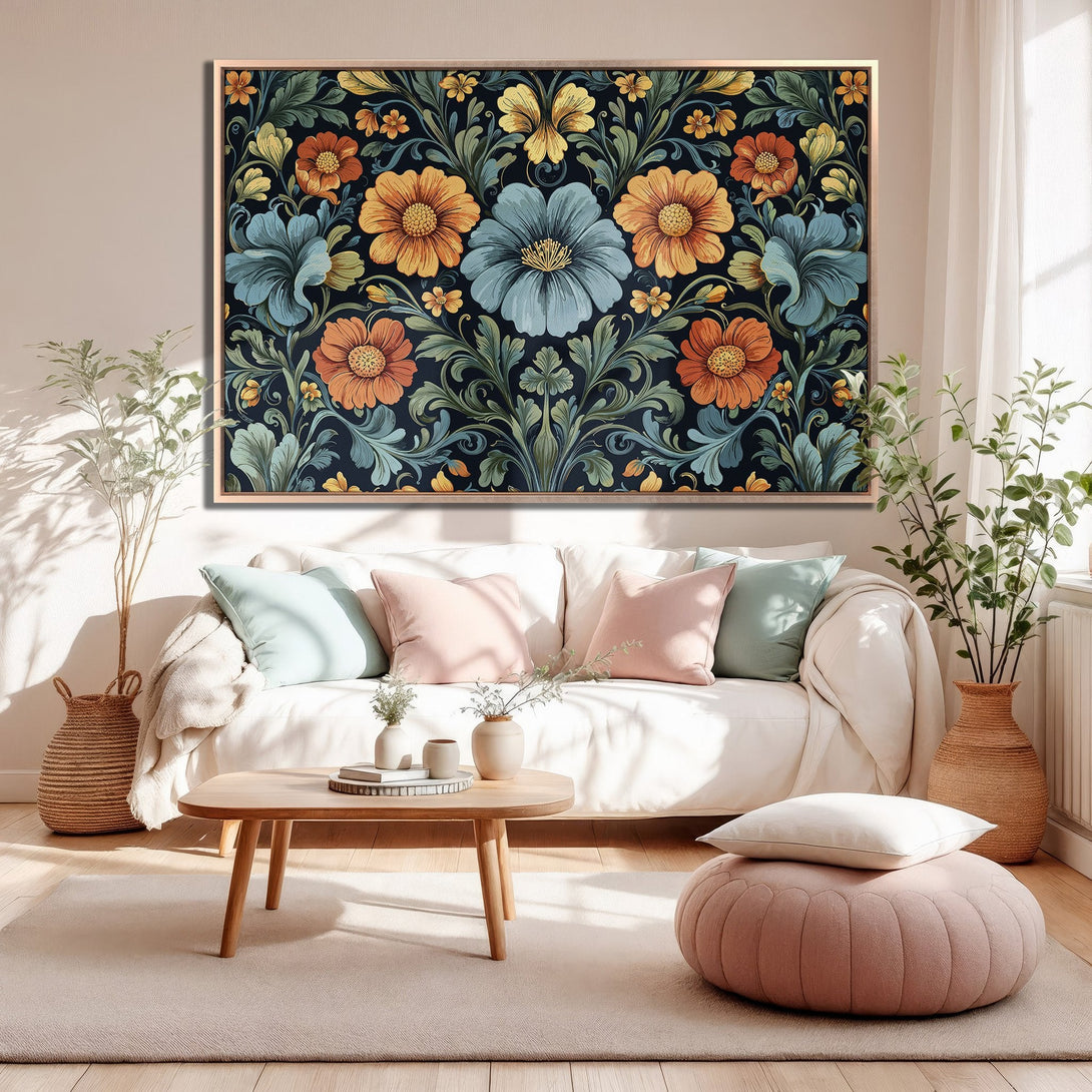 Framed Wall Art featuring a floral design in a vintage style. The color palette includes blue, orange, and green against a dark background. Perfect for home decor!