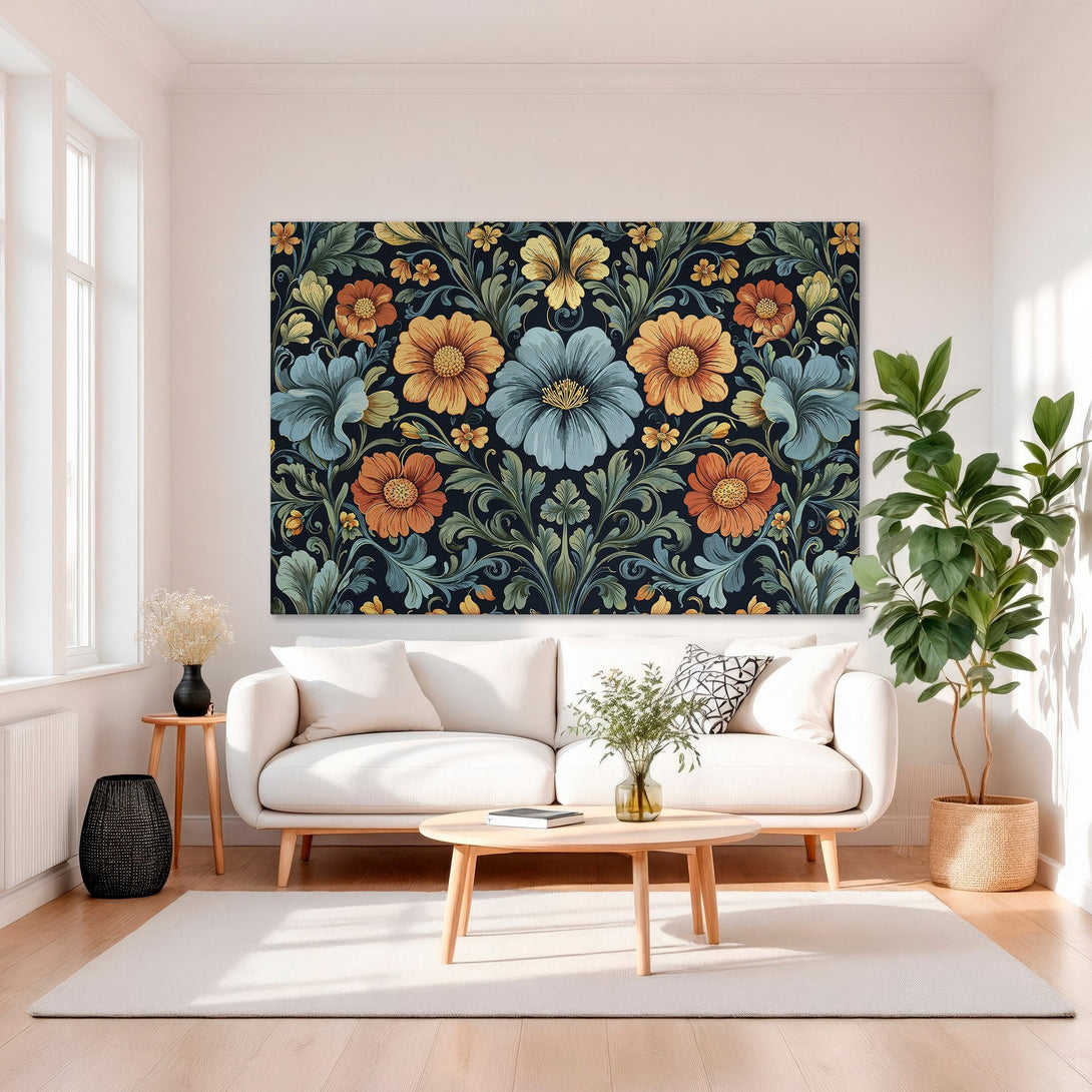 Framed Wall Art featuring a floral design in orange, blue, and yellow on a dark background. Adds elegance to any interior.
