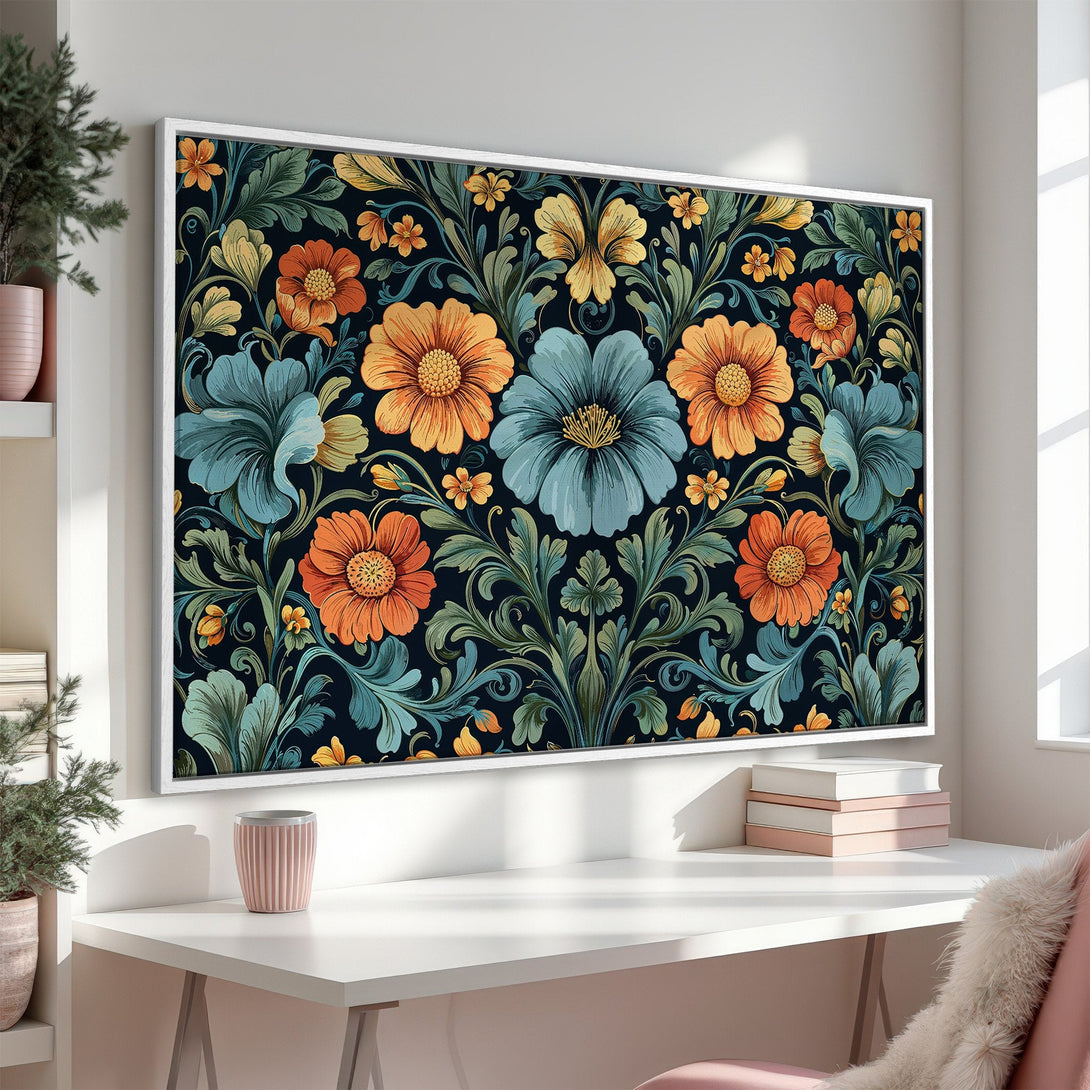 Framed Wall Art featuring a vibrant floral pattern in blue, orange, and yellow on a dark background. Perfect for adding a touch of elegance to any space.