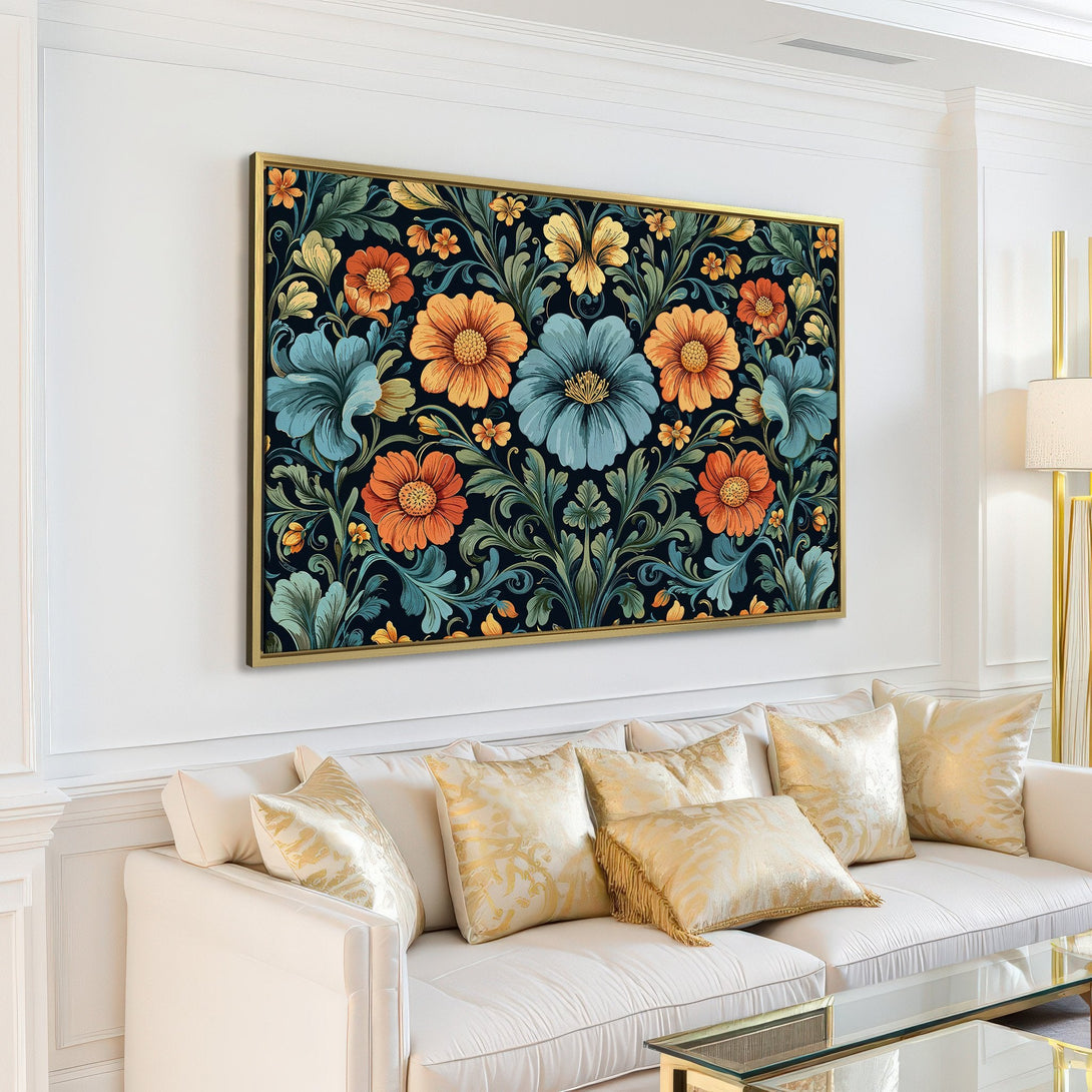 Canvas Print featuring a floral pattern in a vintage style. The artwork showcases a dark background with orange, blue, and green flowers.