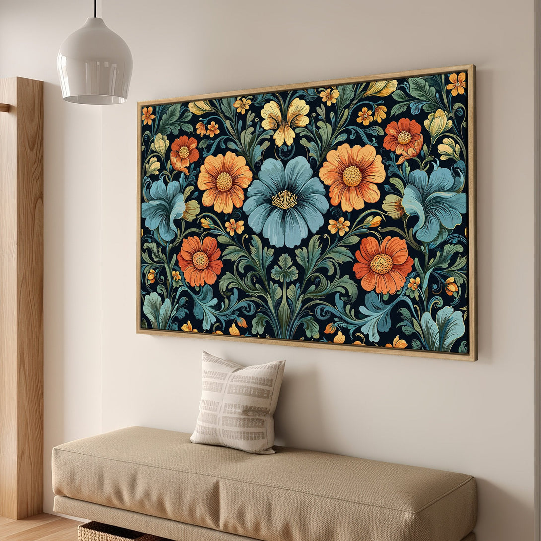 Framed Wall Art: Floral Canvas Print in vibrant orange, blue, and yellow on a dark background. Perfect for adding a pop of color to your home decor!