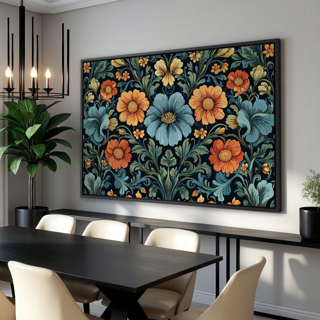 Framed Wall Art: Floral Canvas Print in vibrant orange, blue, and yellow hues. Adds a touch of elegance to any dining room.