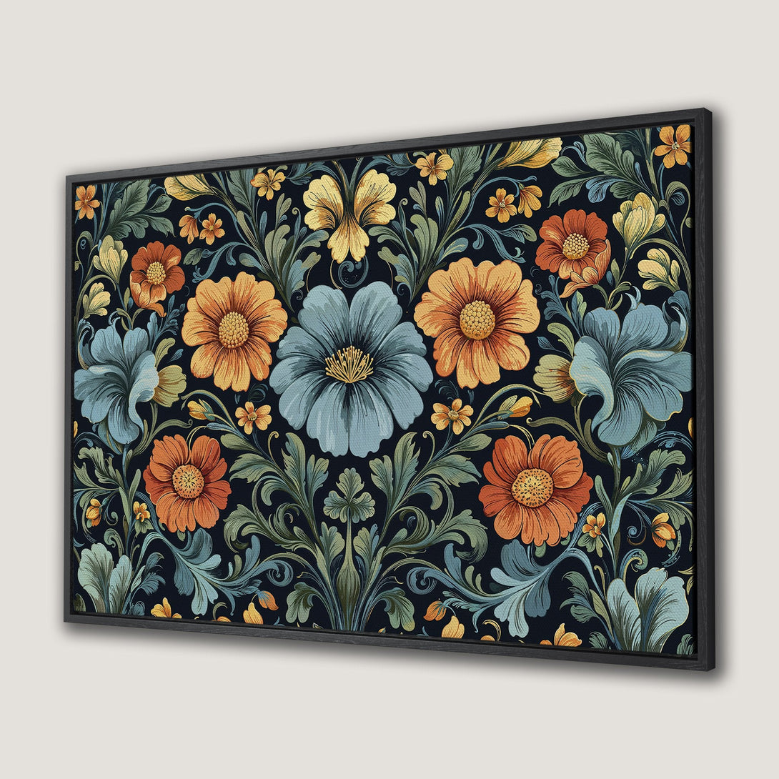 Framed Wall Art featuring a floral pattern in a vintage style. Rich color palette with orange, blue, and yellow flowers on a dark background. Perfect for home decor.