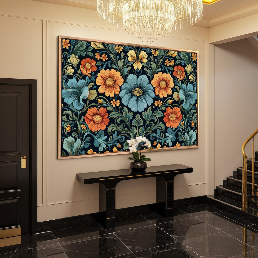 Framed Wall Art featuring a floral design in blue, orange, and green. Adds elegance to any space. Shop now!
