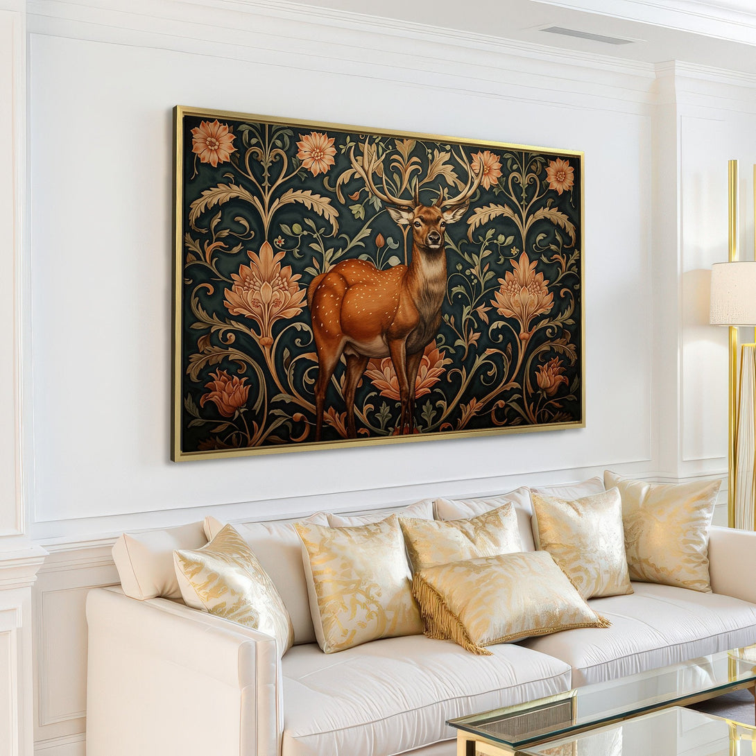 Canvas Print of a majestic stag with floral background, showcasing a vintage style and a warm, earthy color palette. Perfect wall art!