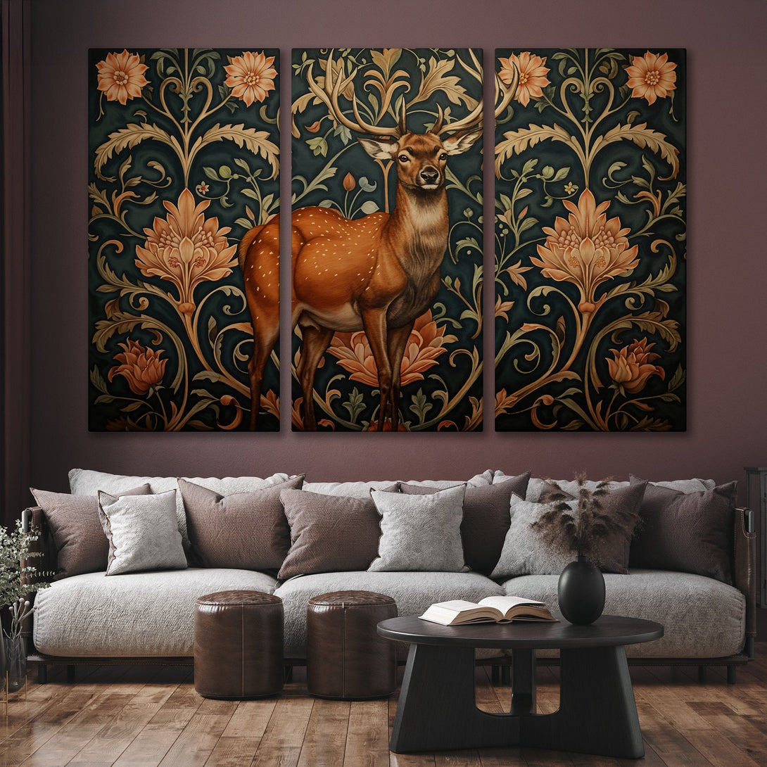 Canvas Print of a majestic deer with floral design, in a dark teal and orange color palette, perfect for elegant home decor.