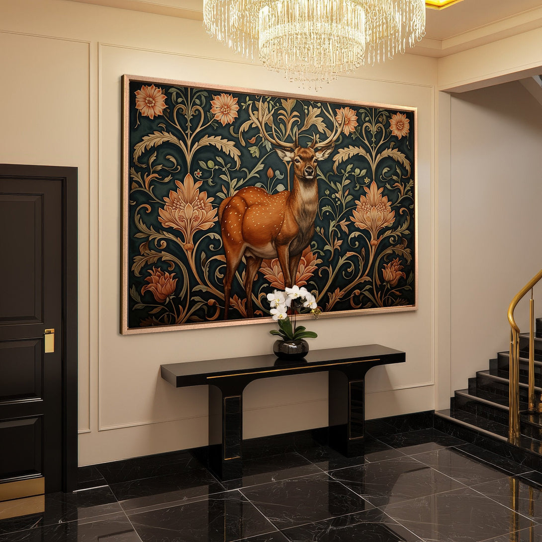 Framed Wall Art: Elegant deer canvas print with floral design, rich teal, orange & gold hues. Perfect for luxury home decor.