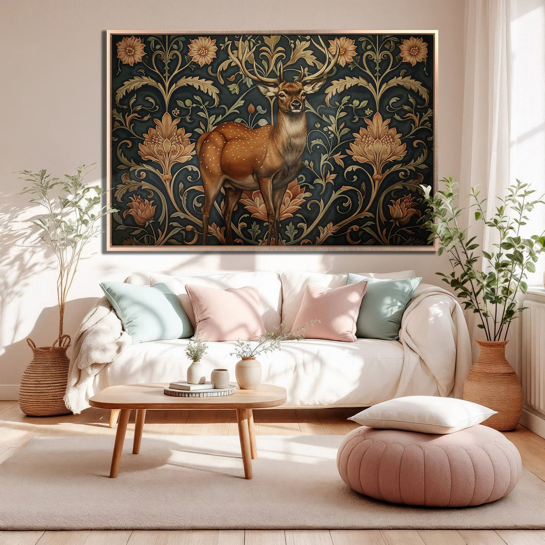 Framed Wall Art: Elegant deer print in a floral design. Earthy tones and rich teal create a sophisticated, vintage-inspired aesthetic. Perfect for living room decor.