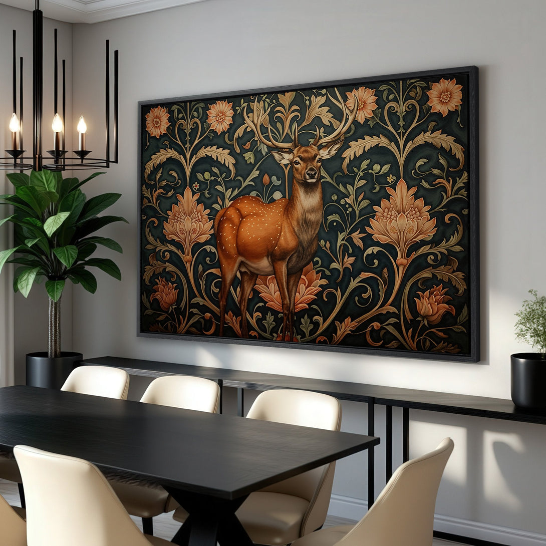 Framed Wall Art: Regal deer print in a vintage style, featuring a rich teal and orange color palette. Elevate your space with this stunning canvas print!