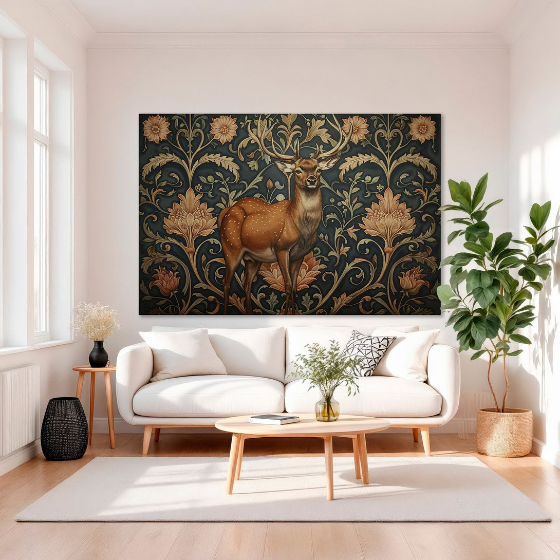 Framed Wall Art: Stag Canvas Print in a luxurious interior. Features a deer illustration in a floral, Art Nouveau style with a dark teal and gold color palette.