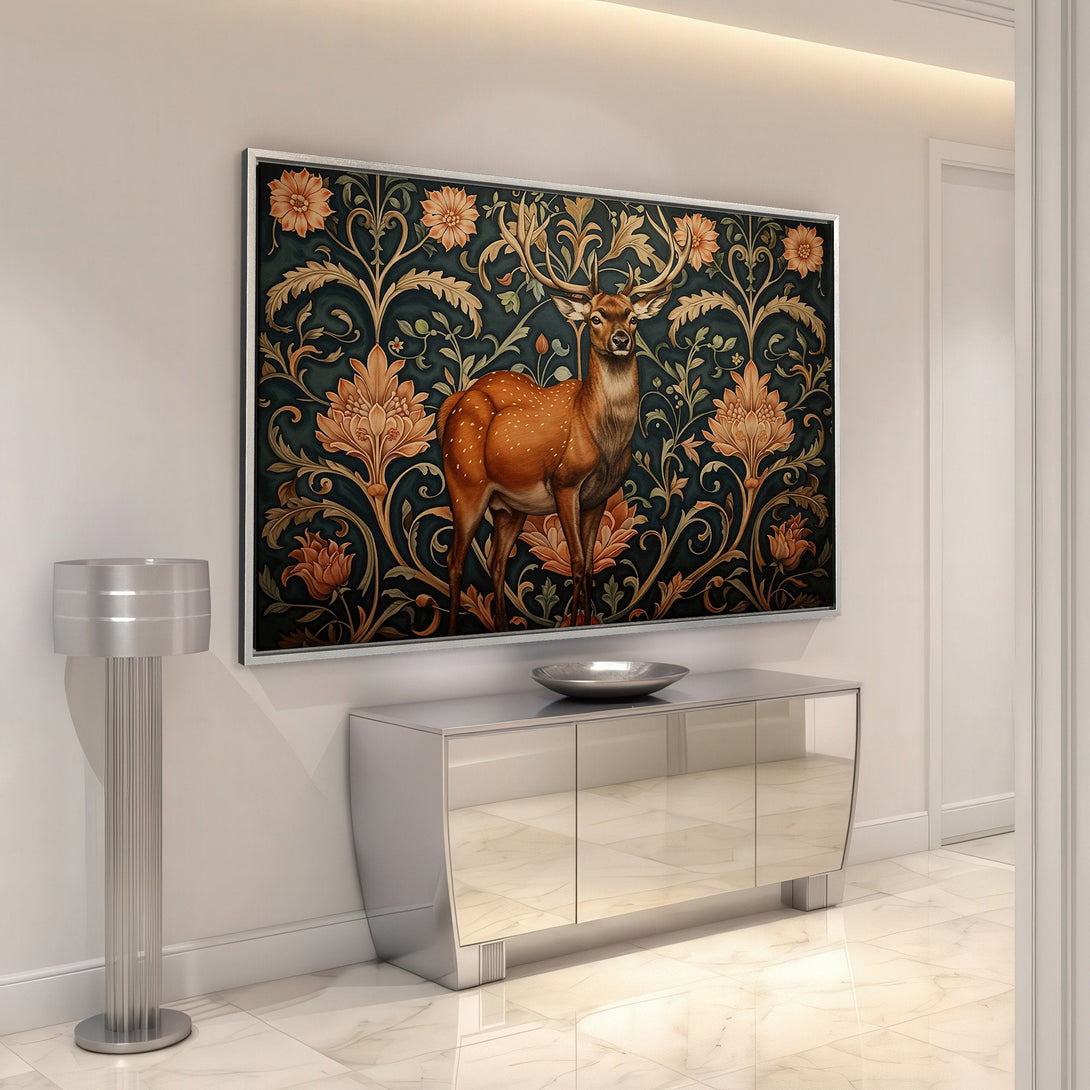 Framed Wall Art featuring a majestic deer in a floral design. Rich, warm tones of orange and brown against a dark teal backdrop. Elevate your home decor!