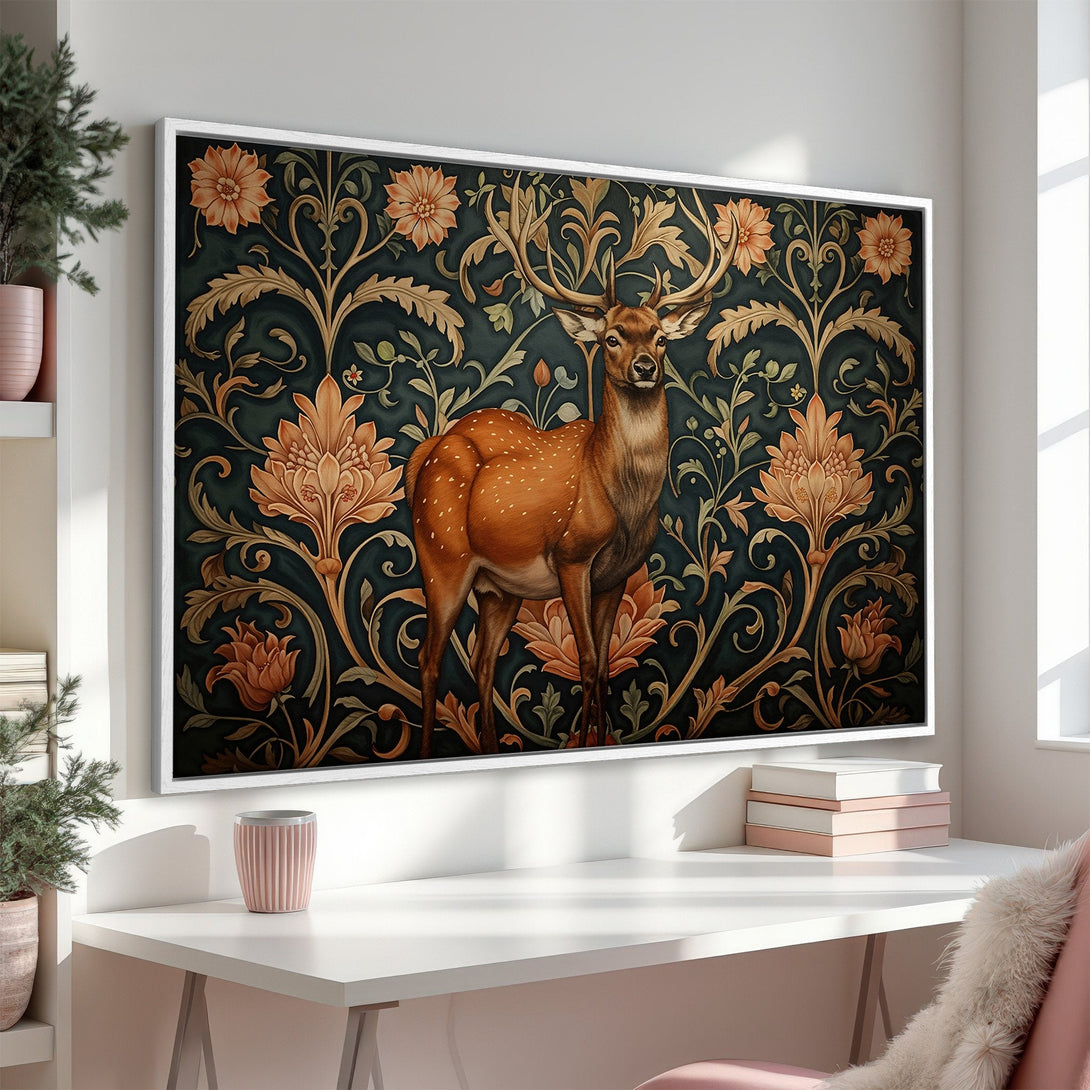Framed Wall Art: Majestic deer canvas print with floral backdrop. Earthy tones of green, orange, and brown add warmth. Perfect for any room!