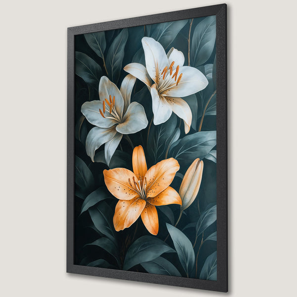 Framed Poster featuring vibrant lily flowers in a dark teal and orange color palette. Botanical art style, perfect for home decor.