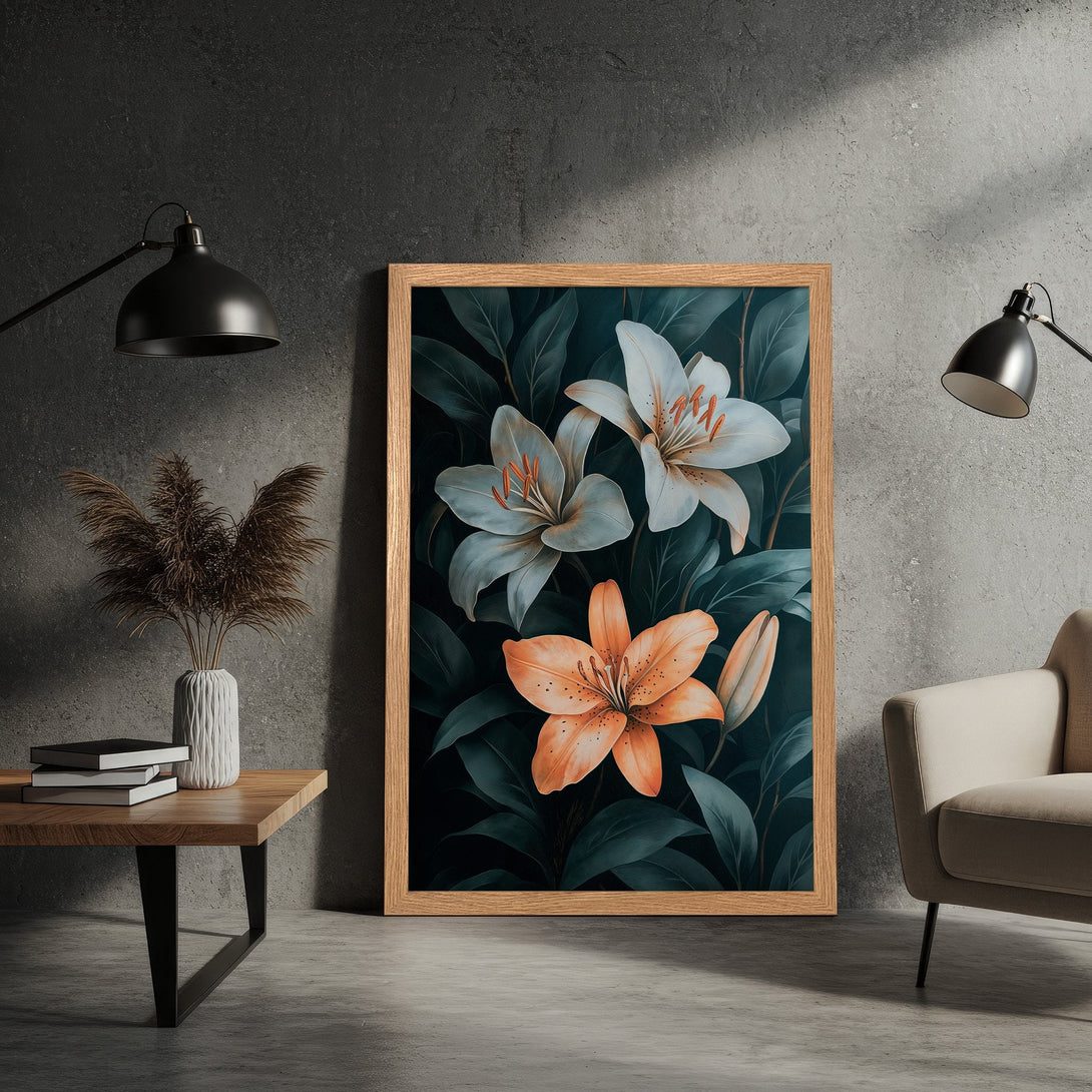 Framed Poster featuring floral art with white and orange lilies against a dark green background. Modern style, neutral color palette.