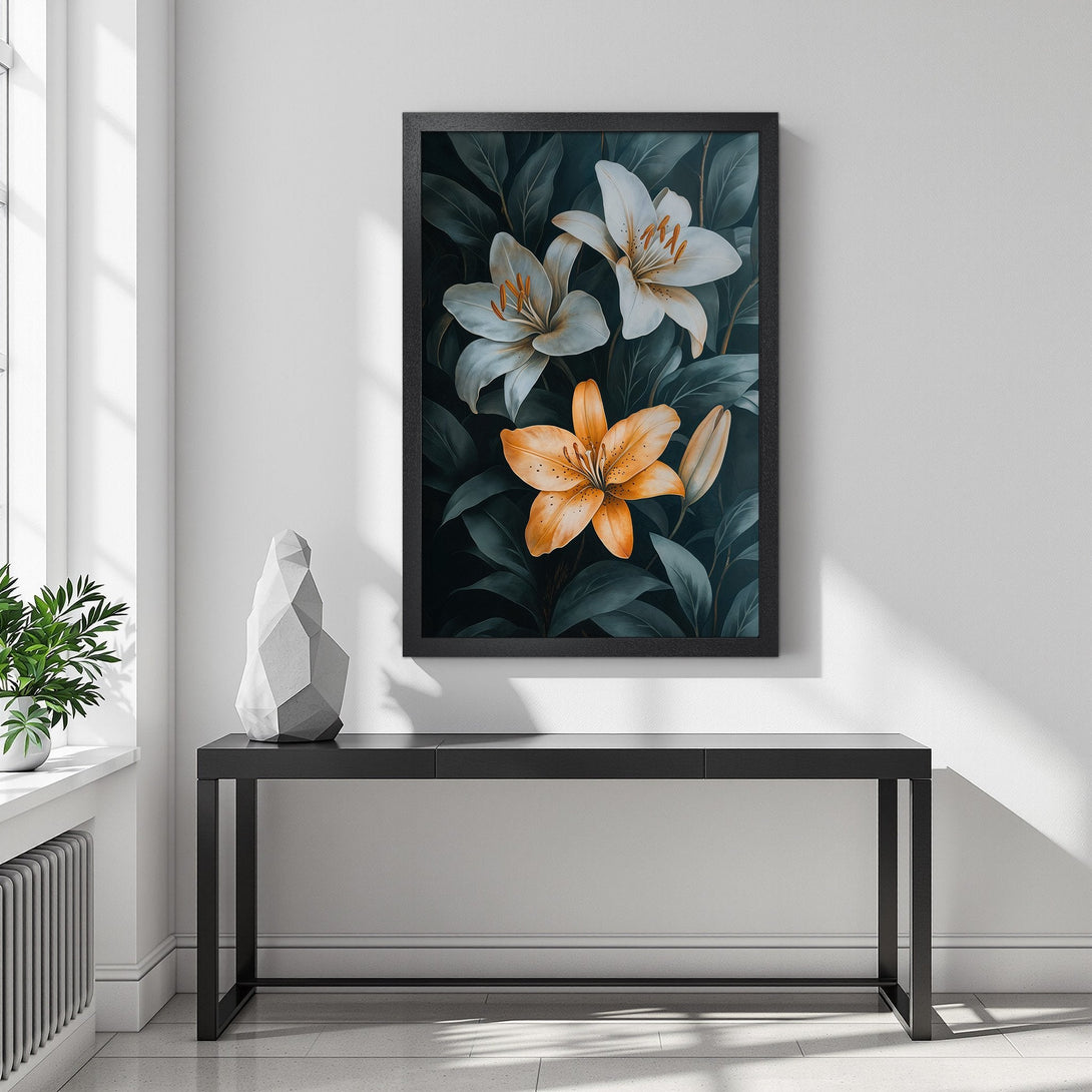 Framed Poster featuring stunning floral art. Elegant lilies in a dark green and orange palette, perfect for home decor.