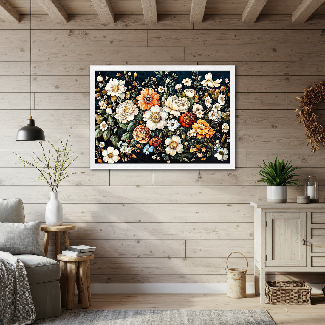 Framed Poster featuring a vibrant floral design in a dark, painterly style. Warm color palette with pops of orange, white, and green. Perfect wall art!