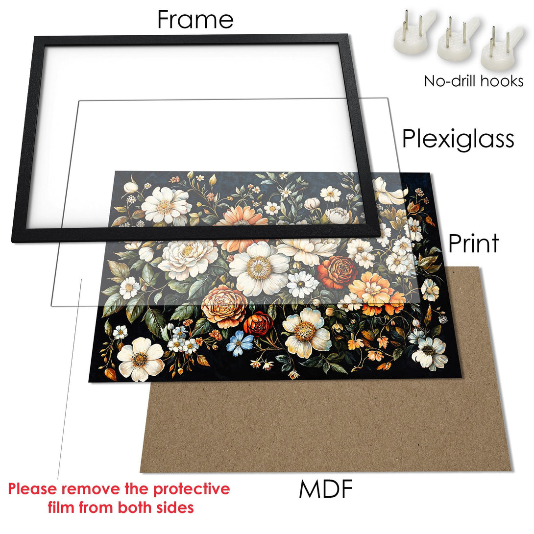 Framed Poster featuring floral art in a dark, moody style with a warm color palette. Add elegance to your space!