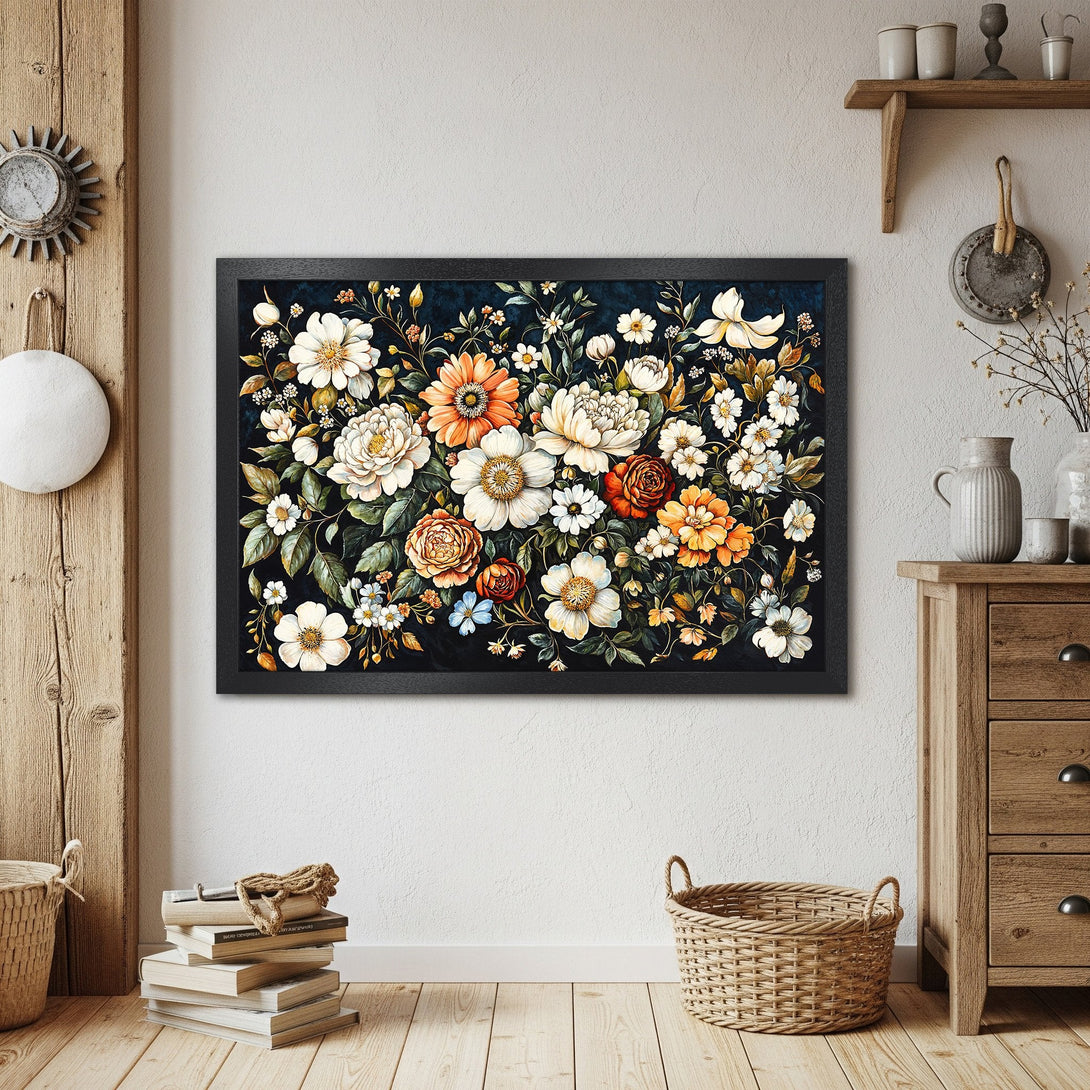 Framed Poster of vibrant floral art, featuring a dark background and a warm color palette. Perfect wall decor.