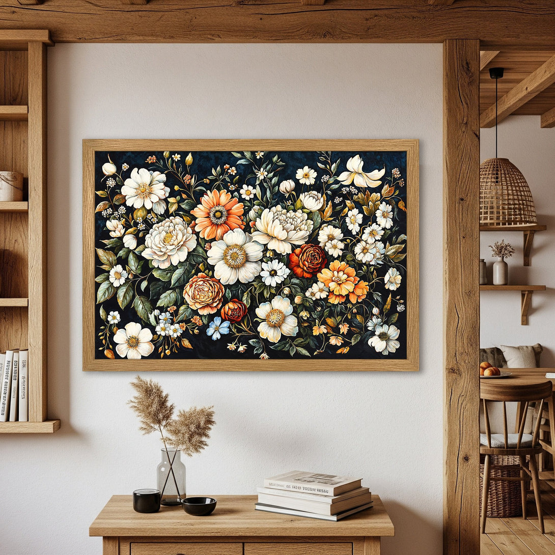 Framed Poster featuring a floral arrangement in a dark, moody style with a warm color palette of whites, oranges, and greens.