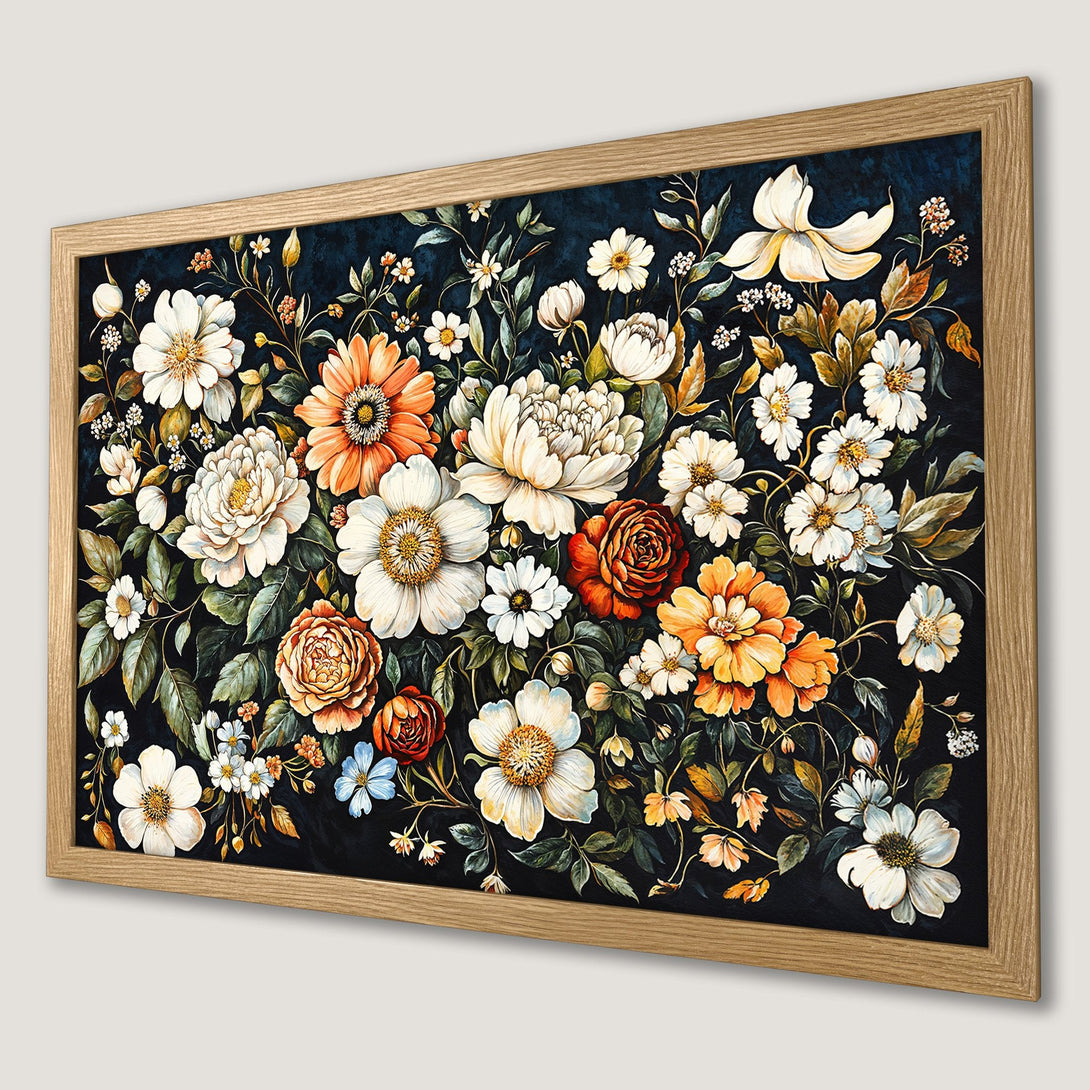 Framed Poster featuring a floral arrangement in a vintage style with a dark background and warm color palette.