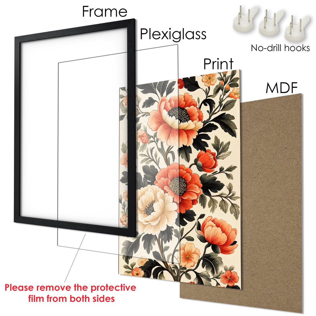 Framed Poster featuring a floral design in a vintage style with a warm, inviting color palette. Perfect wall art for any room!