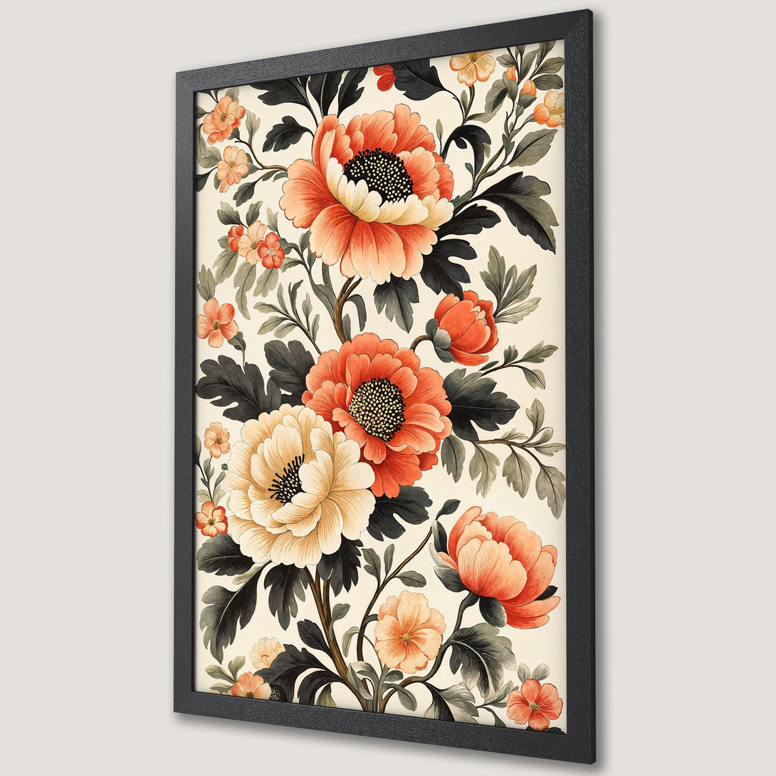 Framed Poster featuring a floral design in vintage style with a warm, orange and cream color palette. Perfect wall art!